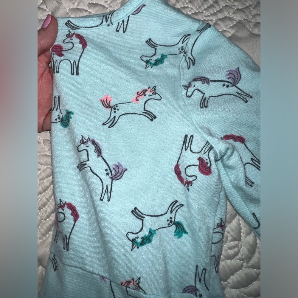Toddler girls light teal unicorn print skater dress.